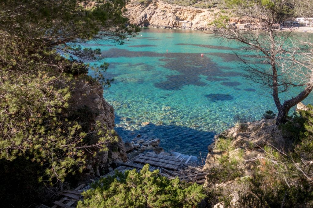 High angle shot of a beautiful lake in the mountains surrounded by trees on a sunny day